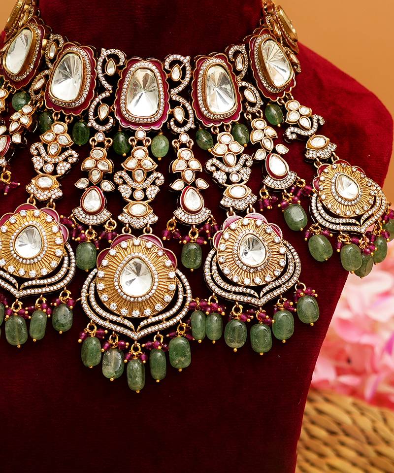 Gold plated multicolor stone kundan necklace set