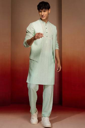 Men peach mint green cotton linen 3-piece set - premium digital print fresh summer wear