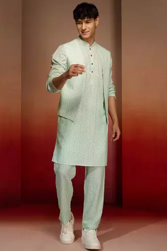 Men peach mint green cotton linen 3-piece set - premium digital print fresh summer wear