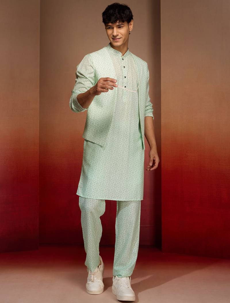 Men peach mint green cotton linen 3-piece set - premium digital print fresh summer wear