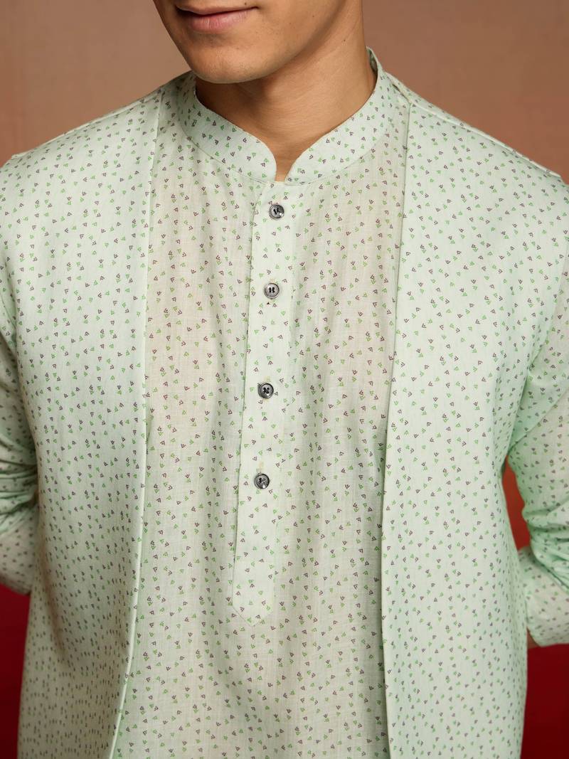 Men peach mint green cotton linen 3-piece set - premium digital print fresh summer wear