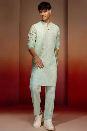 Men peach mint green cotton linen 3-piece set - premium digital print fresh summer wear
