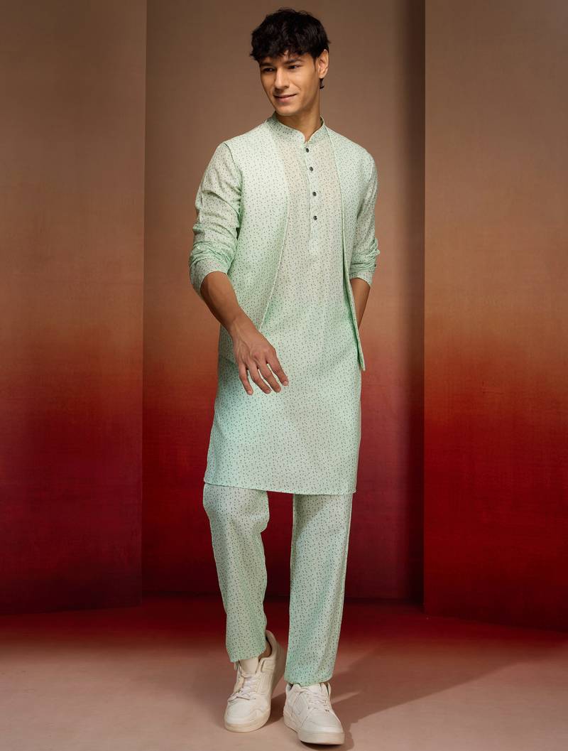 Men peach mint green cotton linen 3-piece set - premium digital print fresh summer wear