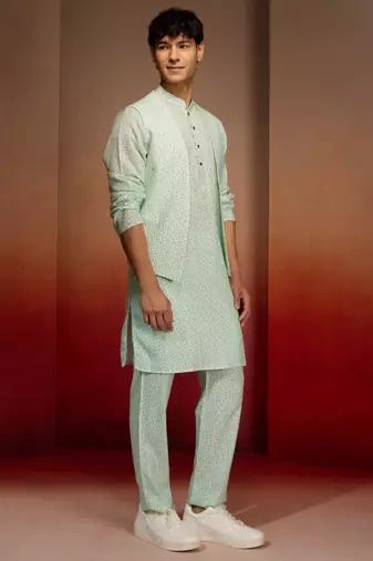Men peach mint green cotton linen 3-piece set - premium digital print fresh summer wear