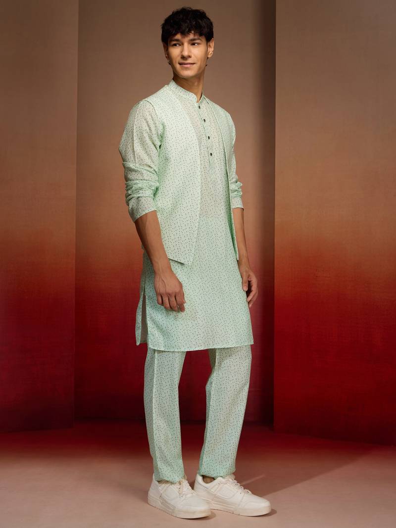 Men peach mint green cotton linen 3-piece set - premium digital print fresh summer wear