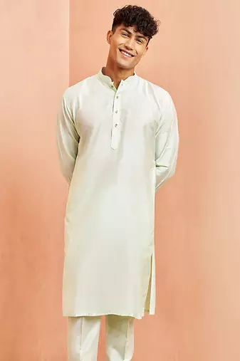 Men mint green viscose kurta - long sleeve mandarin collar festive wedding traditional ethnic wear