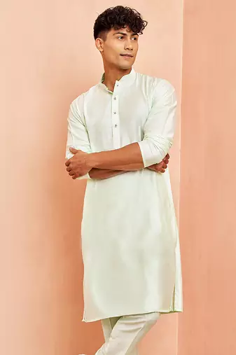 Men mint green viscose kurta - long sleeve mandarin collar festive wedding traditional ethnic wear