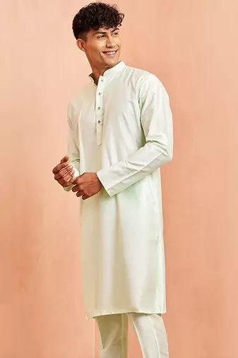 Men mint green viscose kurta - long sleeve mandarin collar festive wedding traditional ethnic wear