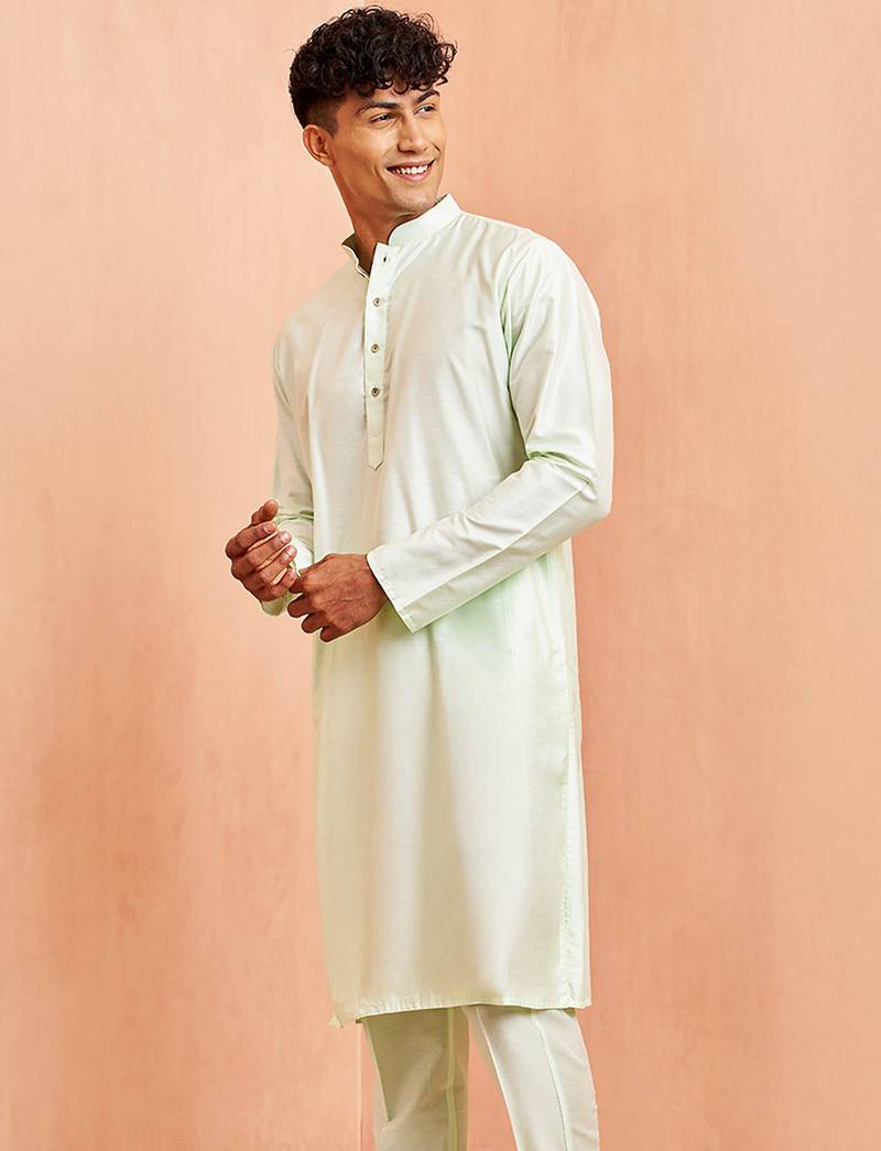 Men mint green viscose kurta - long sleeve mandarin collar festive wedding traditional ethnic wear