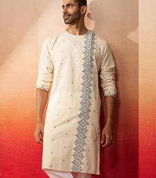Mens white blue cotton jamdani kurta - navratri handwoven ethnic wear