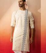 Mens white blue cotton jamdani kurta - navratri handwoven ethnic wear