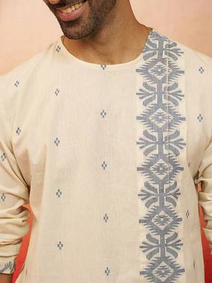 Mens white blue cotton jamdani kurta - navratri handwoven ethnic wear 2