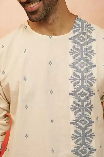 Mens white blue cotton jamdani kurta - navratri handwoven ethnic wear