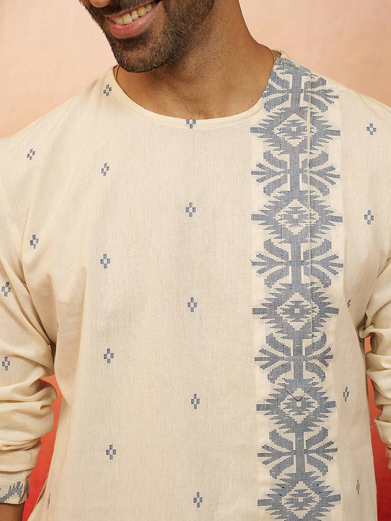 Mens white blue cotton jamdani kurta - navratri handwoven ethnic wear