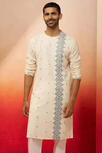 Mens white blue cotton jamdani kurta - navratri handwoven ethnic wear