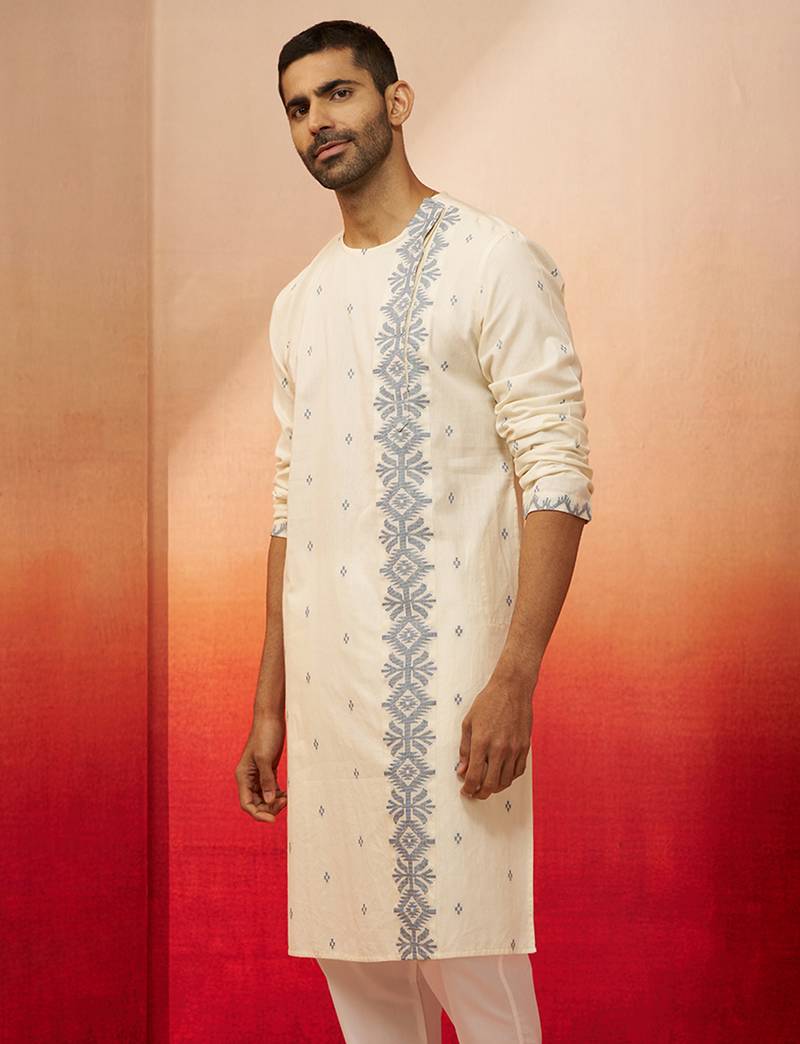 Mens white blue cotton jamdani kurta - navratri handwoven ethnic wear