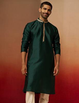 Men bottle green silk anmol jacquard kurta - premium ethnic motif festive wear 1
