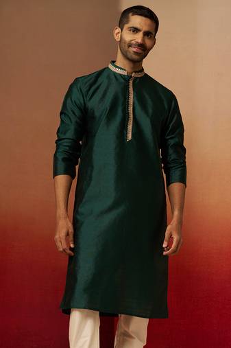 Men bottle green silk anmol jacquard kurta - premium ethnic motif festive wear