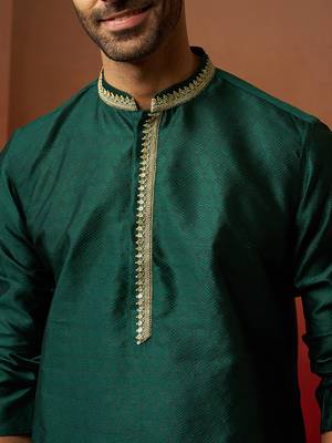 Men bottle green silk anmol jacquard kurta - premium ethnic motif festive wear 2