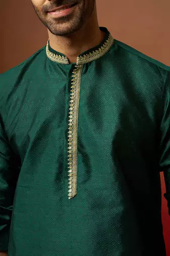 Men bottle green silk anmol jacquard kurta - premium ethnic motif festive wear