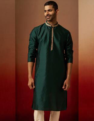 Men bottle green silk anmol jacquard kurta - premium ethnic motif festive wear 3