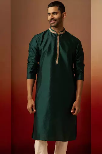 Men bottle green silk anmol jacquard kurta - premium ethnic motif festive wear