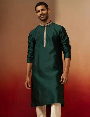 Men bottle green silk anmol jacquard kurta - premium ethnic motif festive wear 4