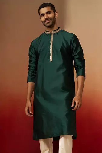 Men bottle green silk anmol jacquard kurta - premium ethnic motif festive wear