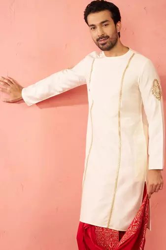 Mens cream zardozi embroidered viscose kurta - navratri traditional wear