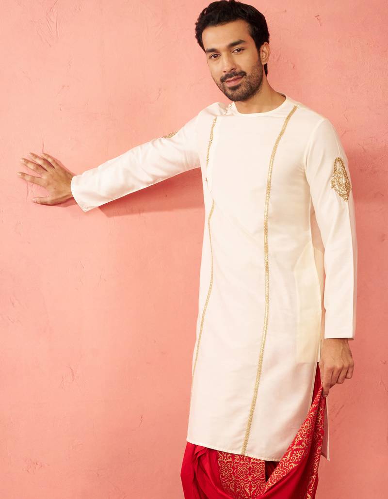 Mens cream zardozi embroidered viscose kurta - navratri traditional wear
