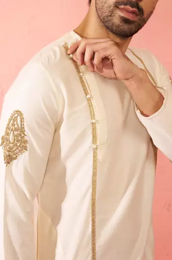 Mens cream zardozi embroidered viscose kurta - navratri traditional wear