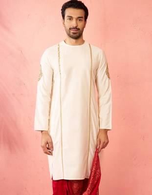 Mens cream zardozi embroidered viscose kurta - navratri traditional wear 3
