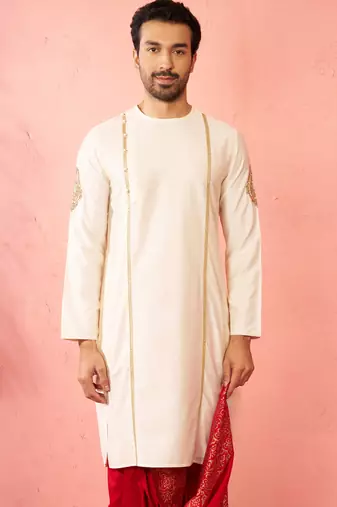 Mens cream zardozi embroidered viscose kurta - navratri traditional wear