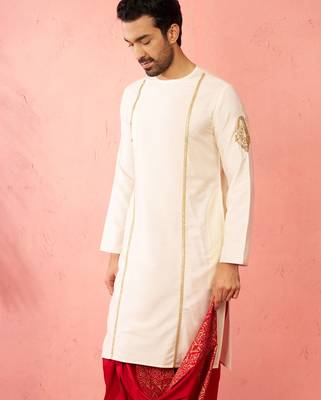 Mens cream zardozi embroidered viscose kurta - navratri traditional wear 4
