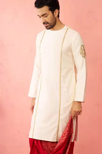 Mens cream zardozi embroidered viscose kurta - navratri traditional wear