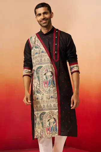 Men black cotton high neck digital print kurta - premium geometric embroidered festive wear