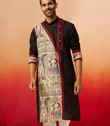 Men black cotton high neck digital print kurta - premium geometric embroidered festive wear