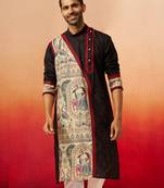 Men black cotton high neck digital print kurta - premium geometric embroidered festive wear
