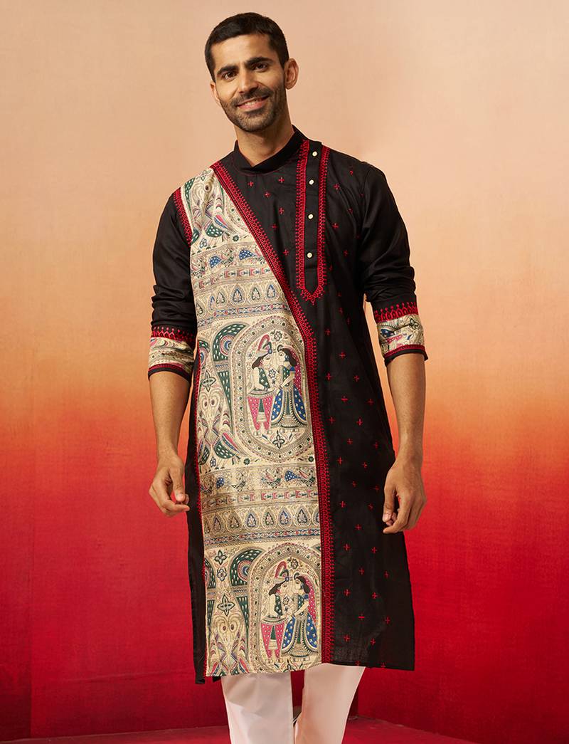 Men black cotton high neck digital print kurta - premium geometric embroidered festive wear