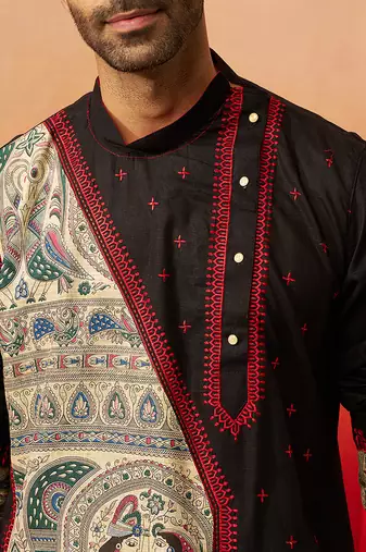 Men black cotton high neck digital print kurta - premium geometric embroidered festive wear