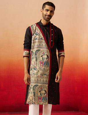 Men black cotton high neck digital print kurta - premium geometric embroidered festive wear 3