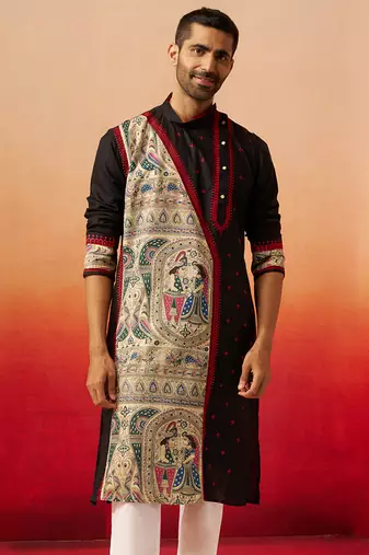 Men black cotton high neck digital print kurta - premium geometric embroidered festive wear