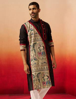 Men black cotton high neck digital print kurta - premium geometric embroidered festive wear 4