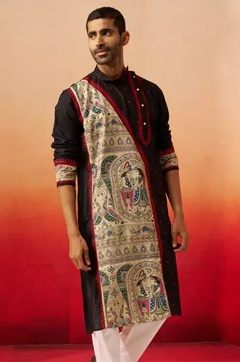 Men black cotton high neck digital print kurta - premium geometric embroidered festive wear