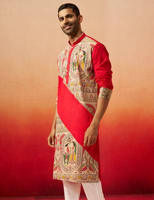 Men maroon cotton digital print kurta - premium figures print traditional festive wear 1