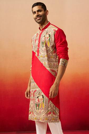 Men maroon cotton digital print kurta - premium figures print traditional festive wear