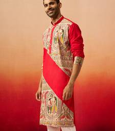 Men maroon cotton digital print kurta - premium figures print traditional festive wear