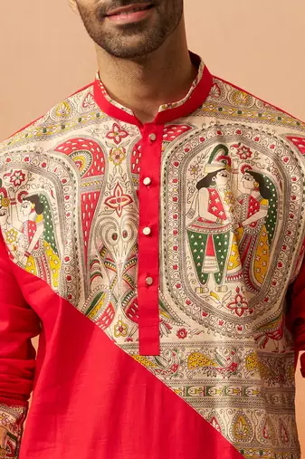 Men maroon cotton digital print kurta - premium figures print traditional festive wear