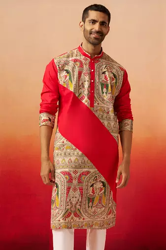 Men maroon cotton digital print kurta - premium figures print traditional festive wear