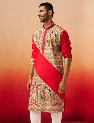 Men maroon cotton digital print kurta - premium figures print traditional festive wear 4